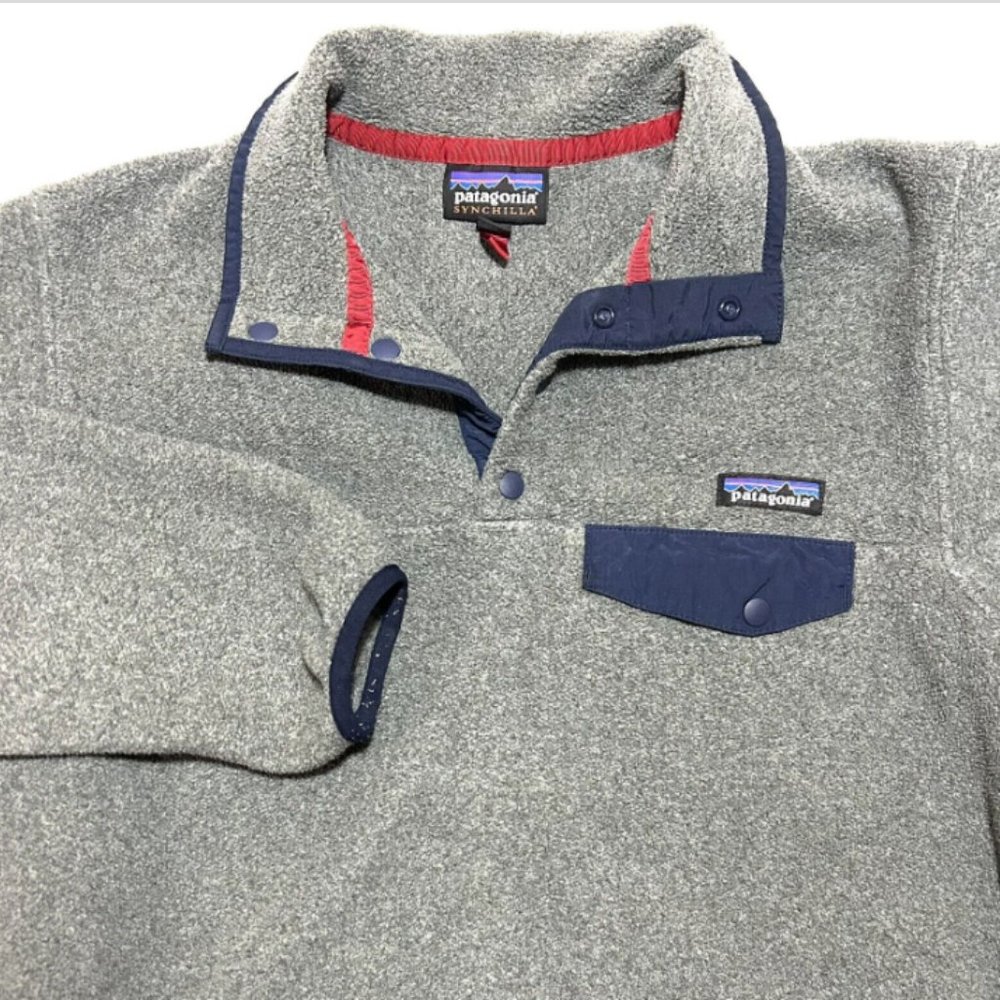 Patagonia Synchilla Size Small Snap-T Pullover Gray Mock Neck Fleece Blue Trim